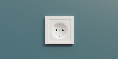 Electric socket isolated on blue wall. Power supply plug outlet, white close up. 3d render