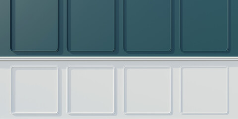Wall wainscot wood decoration detail. Classic blue and white panel background, close up. 3d render