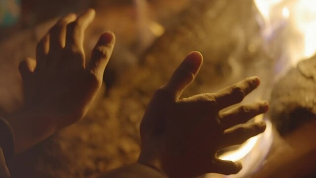 Hands gesturing while warming up at campfire. Gimbal, close up