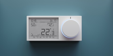 Digital thermostat on blue wall. Home heating temperature control device close up. 3d render - obrazy, fototapety, plakaty