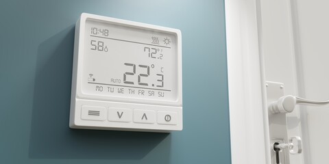 Digital thermostat on blue wall. Home heating temperature control device close up. 3d render