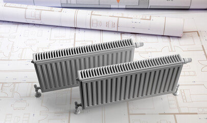Radiator thermostat on drawing blueprint. House heating installation construction. 3d render