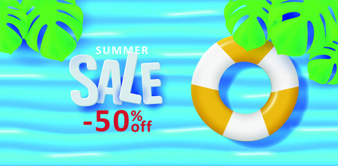 Summer sale poster with 50 percent discounts and top view sea with palm leaves and swimming circle. Vector illustration