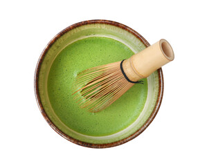Japanese organic matcha green tea in ceramic bowl with bamboo whisk isolated on white background, clipping path included