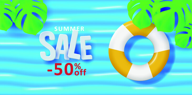 Summer sale poster with 50 percent discounts and top view sea with palm leaves and swimming circle. Vector illustration