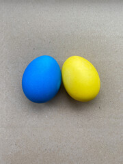 Two eggs painted in the colors of the Ukrainian flag for the Orthodox holiday Easter. Decoration for the festive table in traditional Ukrainian colors. Patriot colors. Close front view. Blue, yellow.