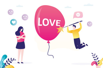 Man pierces balloon with love inscription with needle. Couple breaks up due to frequent quarrels, misunderstandings