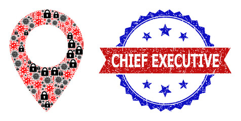 Vector covid-2019 collage map sign icon, and bicolor textured Chief Executive seal stamp. Mosaic map sign icon is created with covid, security, exclamation items.