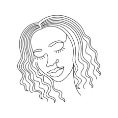 Face of an Afro American woman in a modern abstract minimalist one line style with minimal shapes. Continuous black line of an African girl simple drawing. Isolated on white. Vector illustration.