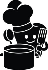 Cartoon Tooth Cooking Chef Broil Pot Hat Teeth Molar Oral Dental Hygiene Dentist Dentistry Black and White Design Illustration 