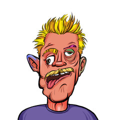 Caricature humor illustration of imaginary cartoon person with funny facial expression isolated on white background