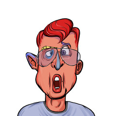 Caricature humor illustration of imaginary cartoon person with funny facial expression isolated on white background