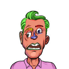 Caricature humor illustration of imaginary cartoon person with funny facial expression isolated on white background