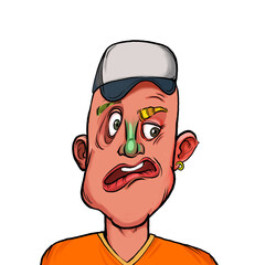 Caricature humor illustration of imaginary cartoon person with funny facial expression isolated on white background