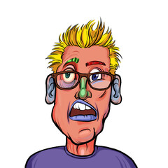 Caricature humor illustration of imaginary cartoon person with funny facial expression isolated on white background