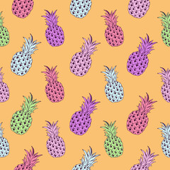 Tropic vector seamless pattern with pineapples. Summer decoration print for wrapping, wallpaper, fabric. Seamless vector texture.
