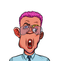 Caricature humor illustration of imaginary cartoon person with funny facial expression isolated on white background