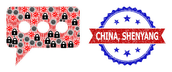 Vector flu virus collage opinion cloud icon, and bicolor textured China, Shenyang seal stamp. Mosaic opinion cloud icon is created with flu virus, security, warning items. Vector stamp has China,