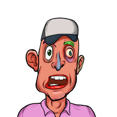 Caricature humor illustration of imaginary cartoon person with funny facial expression isolated on white background