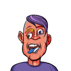 Caricature humor illustration of imaginary cartoon person with funny facial expression isolated on white background