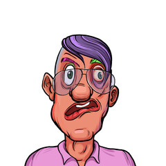 Caricature humor illustration of imaginary cartoon person with funny facial expression isolated on white background