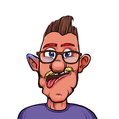 Caricature humor illustration of imaginary cartoon person with funny facial expression isolated on white background