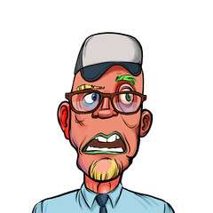 Caricature humor illustration of imaginary cartoon person with funny facial expression isolated on white background