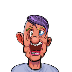 Caricature humor illustration of imaginary cartoon person with funny facial expression isolated on white background