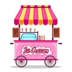 Ice-cream van with colorful canopy, menu, fridge, ice-creams of different tasties. Shop on wheels, food, summer. Flat illustration on a white isolated background. Suit for label, banner, marketing.