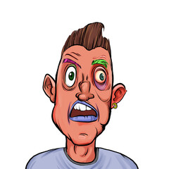 Caricature humor illustration of imaginary cartoon person with funny facial expression isolated on white background