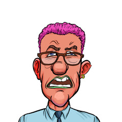 Caricature humor illustration of imaginary cartoon person with funny facial expression isolated on white background