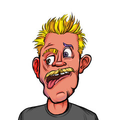 Caricature humor illustration of imaginary cartoon person with funny facial expression isolated on white background