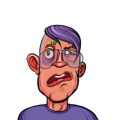 Caricature humor illustration of imaginary cartoon person with funny facial expression isolated on white background