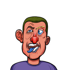 Caricature humor illustration of imaginary cartoon person with funny facial expression isolated on white background