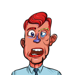 Caricature humor illustration of imaginary cartoon person with funny facial expression isolated on white background