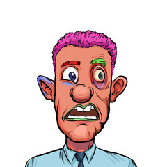 Caricature humor illustration of imaginary cartoon person with funny facial expression isolated on white background