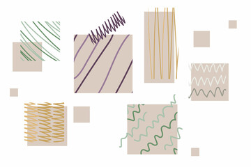 Set of abstract vector backgrounds, illustrations for web. 6 modern square abstractions with different shapes and lines. Elegant boho concept with different color schemes. Graphic design