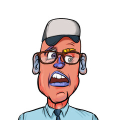 Caricature humor illustration of imaginary cartoon person with funny facial expression isolated on white background