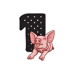 pig Birthday Number 1 Monogram design pig One