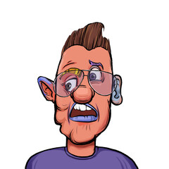 Caricature humor illustration of imaginary cartoon person with funny facial expression isolated on white background