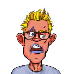 Caricature humor illustration of imaginary cartoon person with funny facial expression isolated on white background