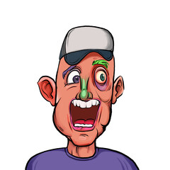 Caricature humor illustration of imaginary cartoon person with funny facial expression isolated on white background