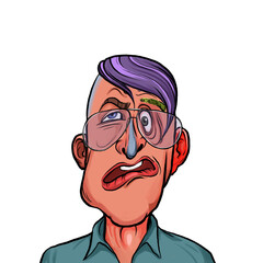 Caricature humor illustration of imaginary cartoon person with funny facial expression isolated on white background