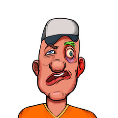 Caricature humor illustration of imaginary cartoon person with funny facial expression isolated on white background