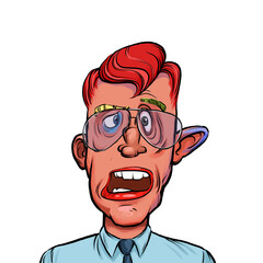 Caricature humor illustration of imaginary cartoon person with funny facial expression isolated on white background