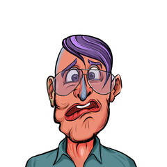 Caricature humor illustration of imaginary cartoon person with funny facial expression isolated on white background