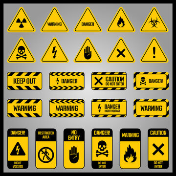 Warning signs. Hazard warning yellow and black tape, striped biohazard poison, high voltage security perimeter elements symbols set. exclamation mark, electricity spotlight illustration