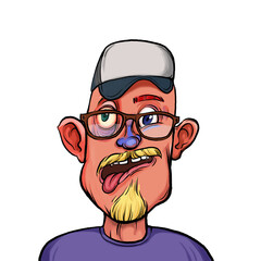 Caricature humor illustration of imaginary cartoon person with funny facial expression isolated on white background