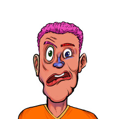 Caricature humor illustration of imaginary cartoon person with funny facial expression isolated on white background