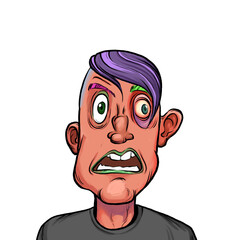 Caricature humor illustration of imaginary cartoon person with funny facial expression isolated on white background